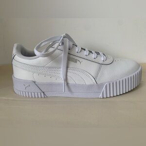Puma Carina, size 7.5M, all-white leather upper. Worn once indoors.
